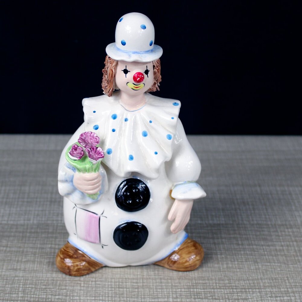 Vintage Enesco Clown Spaghetti Hair 1984 Flowers Porcelain Figurine 6"